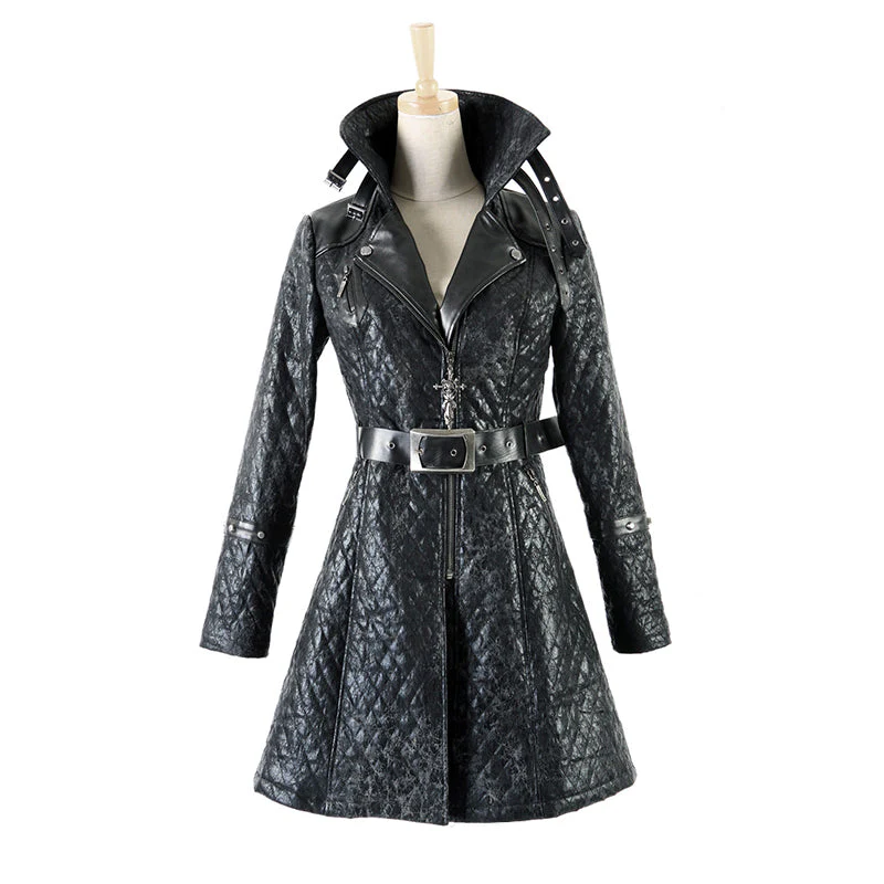 Y-380 black V Neck Leather For Winter Punk Coat - Image 5