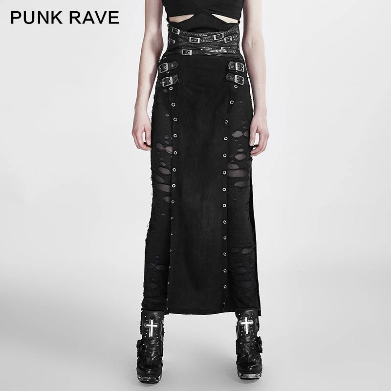 Q-298 black Wool Leather Spanking Split Punk Skirt