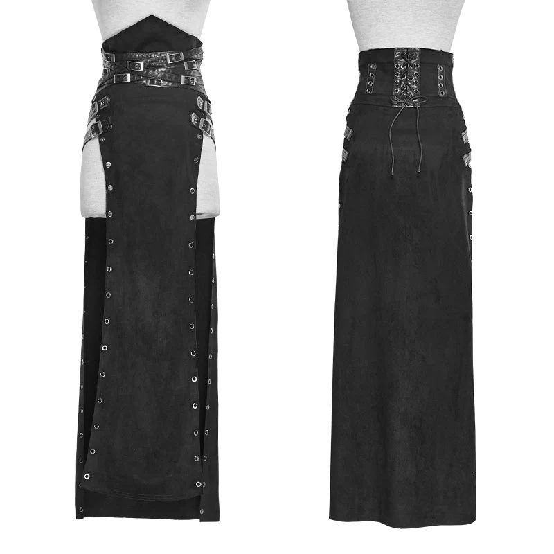 Q-298 black Wool Leather Spanking Split Punk Skirt - Image 4
