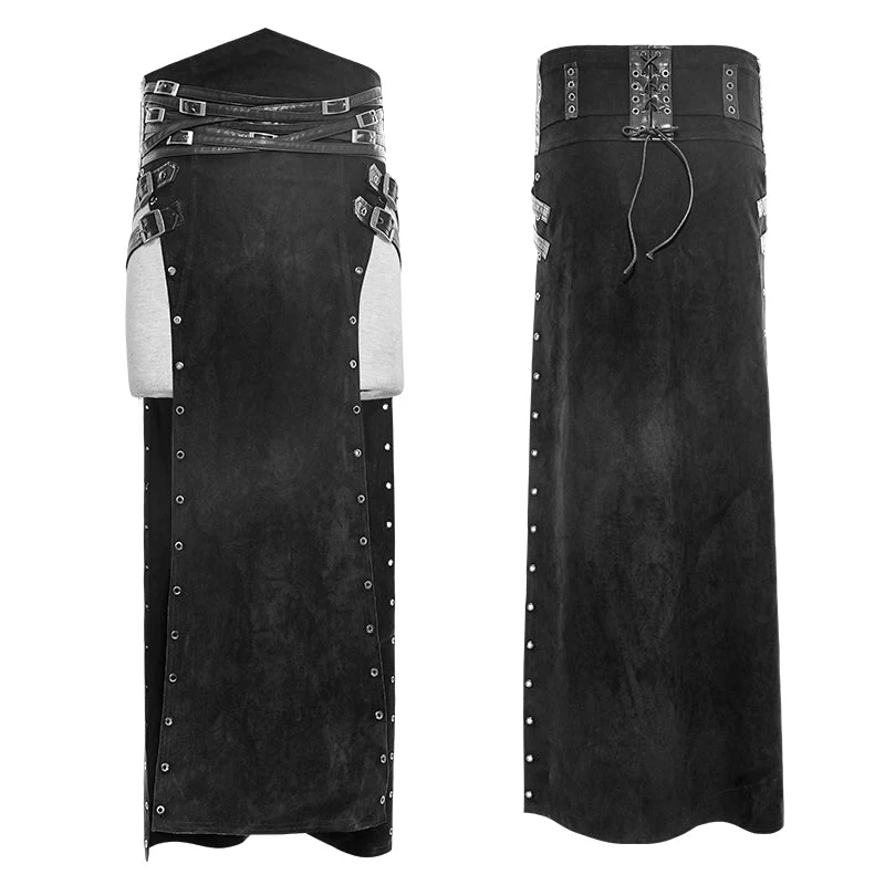 Q-298 black Wool Leather Spanking Split Punk Skirt - Image 9