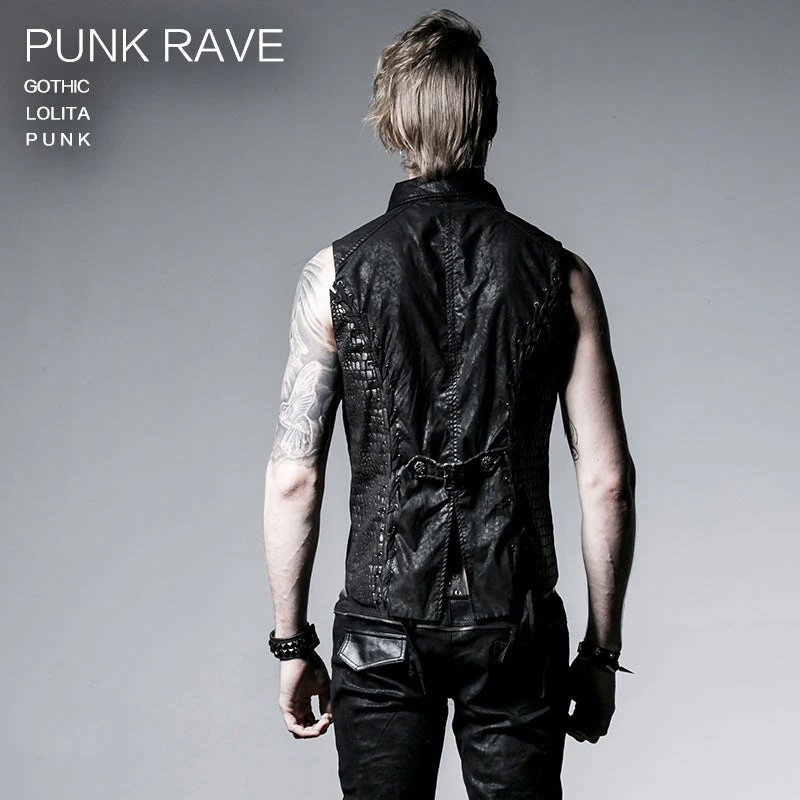 Y-528 black Zipped Leather Sleeveless Punk Vest For Men - Image 2