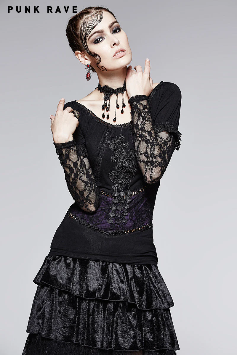 T-373 Casual Wear Soft And Thin Cotton Lace Long Sleeve Gothic T-shirts - Image 12