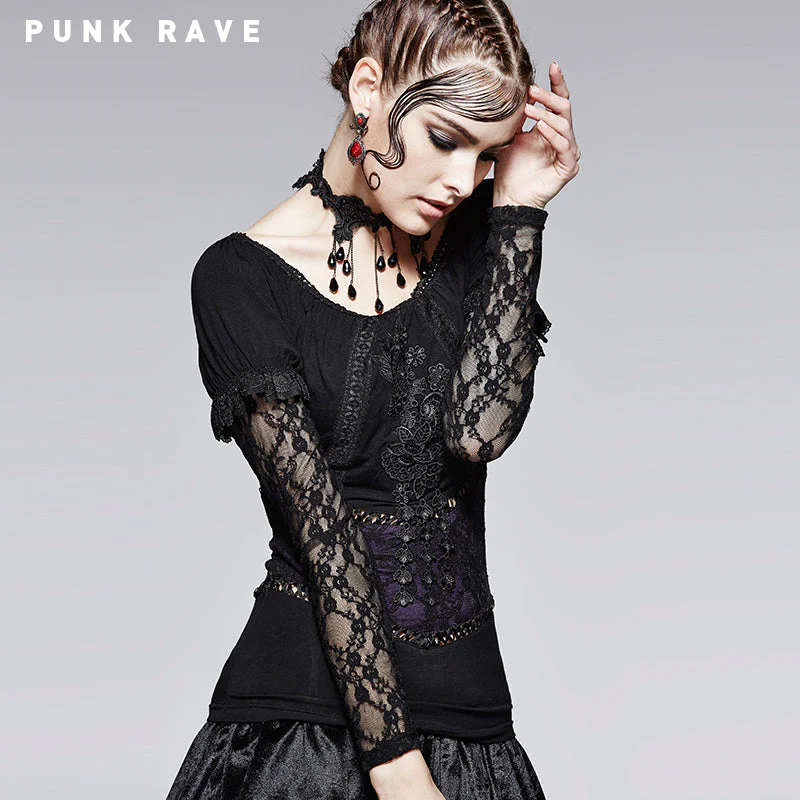 T-373 Casual Wear Soft And Thin Cotton Lace Long Sleeve Gothic T-shirts - Image 7
