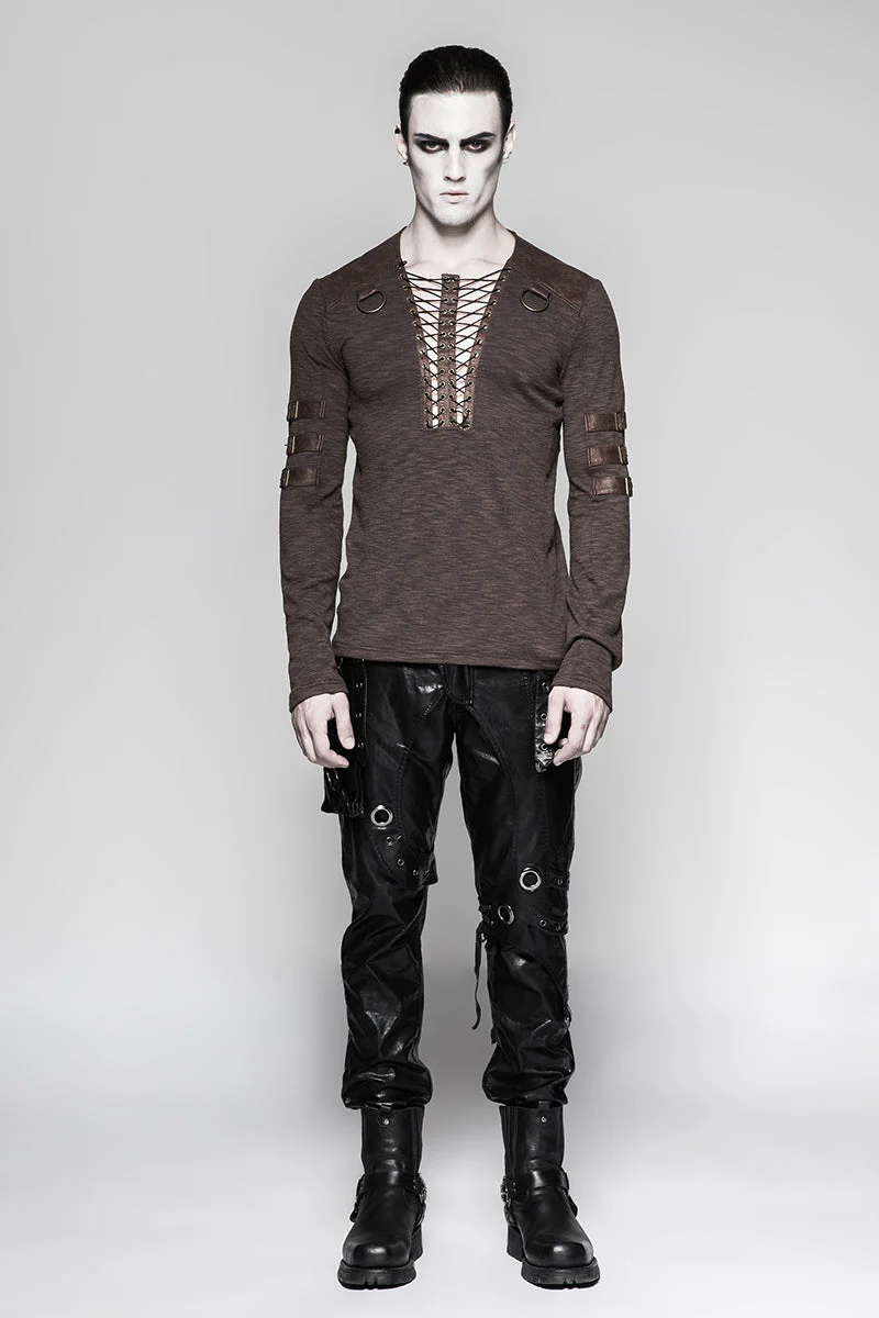 T-462 Chest Strap V-neck Long Sleeve Punk T-shirts - Image 12