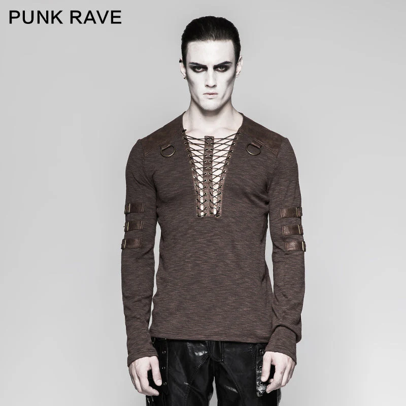 T-462 Chest Strap V-neck Long Sleeve Punk T-shirts - Image 6