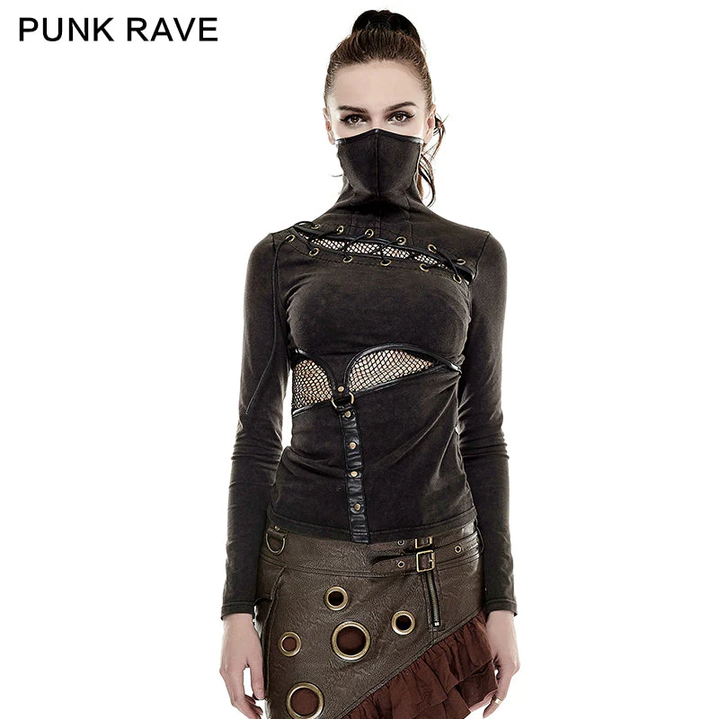 T-432 Coffe Steampunk Tight Mesh Punk Shirts With High Collar - Image 6