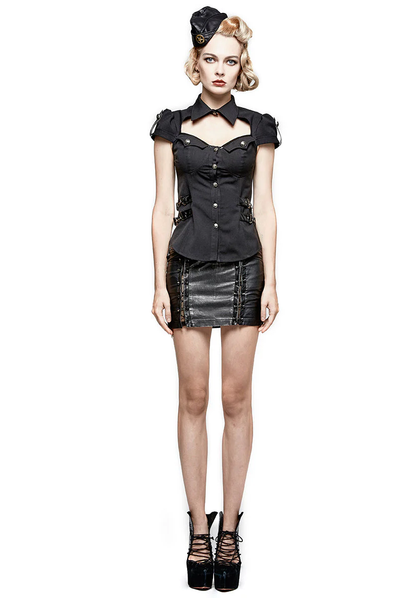Y-720 Cool black Short Sleeves Fitted Women Tunic Punk Shirts - Image 11