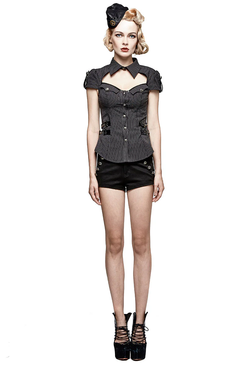 Y-720 Cool black Short Sleeves Fitted Women Tunic Punk Shirts - Image 12