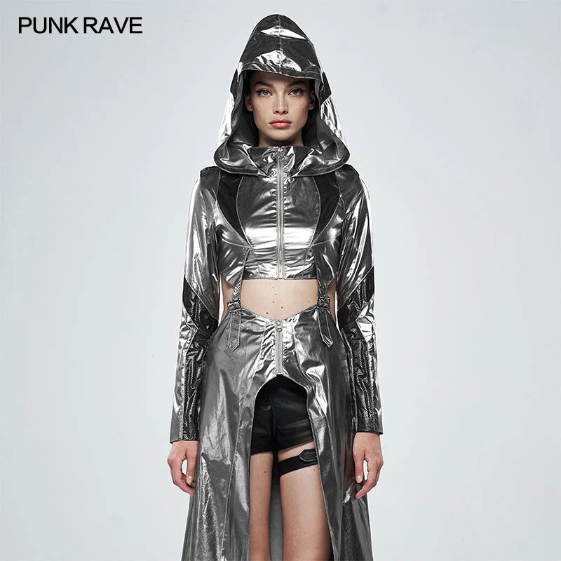 WY-1142XCF Cosmic Warrior Glossy Hollow Detachable Hem Medium-length Coat - Image 11