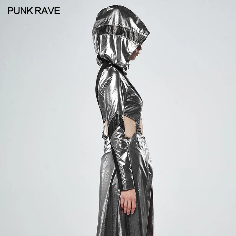 WY-1142XCF Cosmic Warrior Glossy Hollow Detachable Hem Medium-length Coat - Image 12