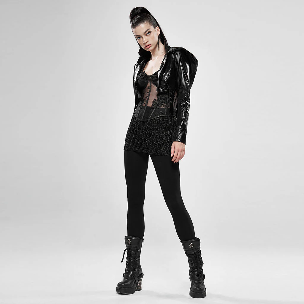 WY-1142XCF Cosmic Warrior Glossy Hollow Detachable Hem Medium-length Coat - Image 16