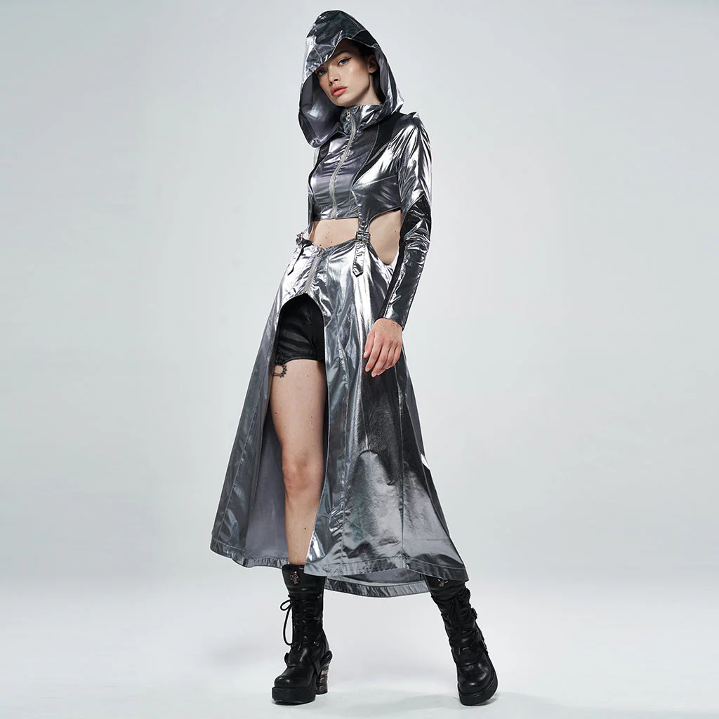 WY-1142XCF Cosmic Warrior Glossy Hollow Detachable Hem Medium-length Coat - Image 17