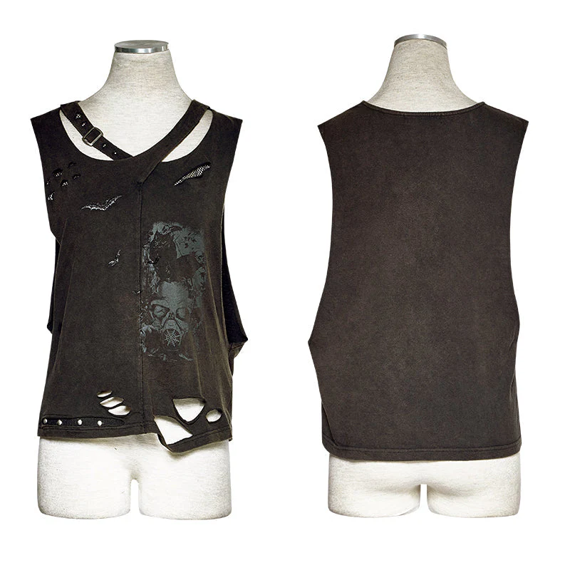 T-450 Cotton 100% Printed Hole Knitted Leisure Punk Vest - Image 4