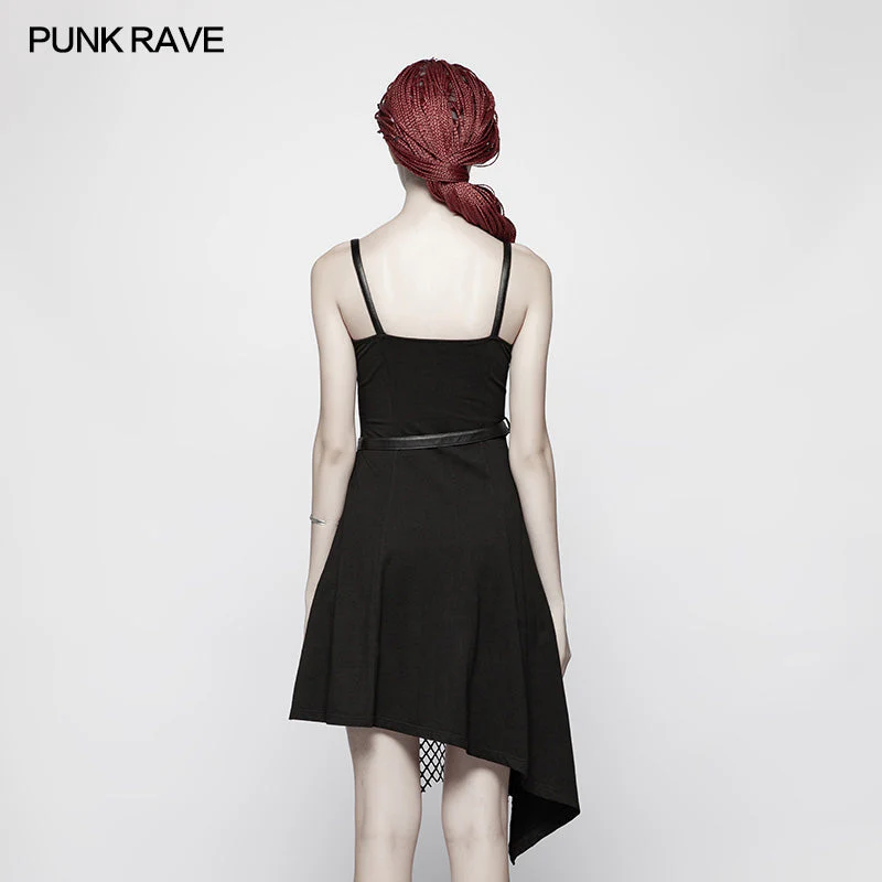 OQ-398 Daily Dark Punk Spaghetti Straps Asymmetrical Mesh Dress - Image 3