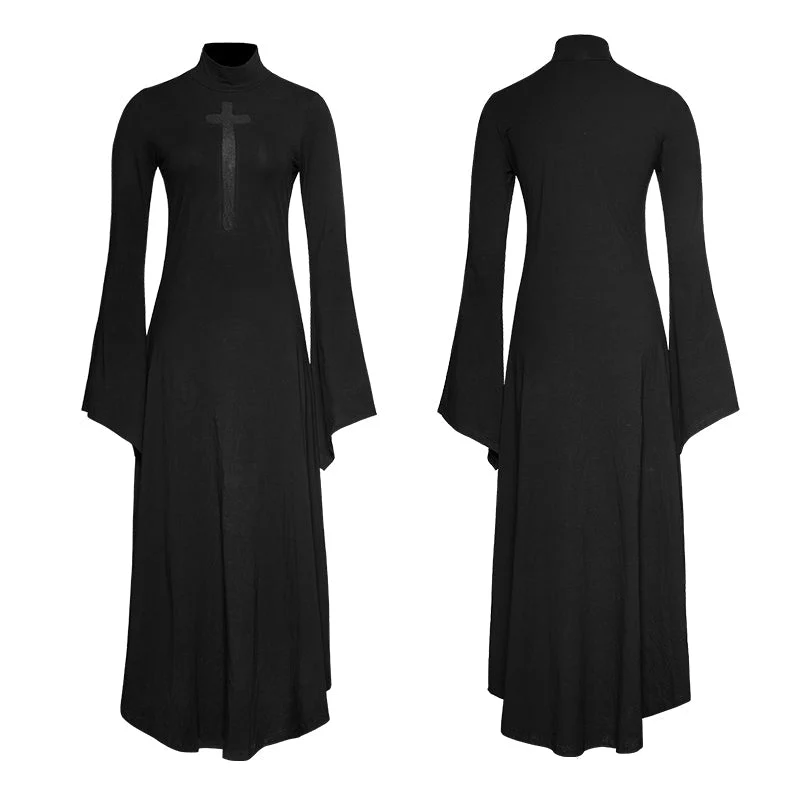 PQ-183 Dark Cross Hollow-out Trumpet Sleeves Slim High Collar Gothic Dresses - Image 4
