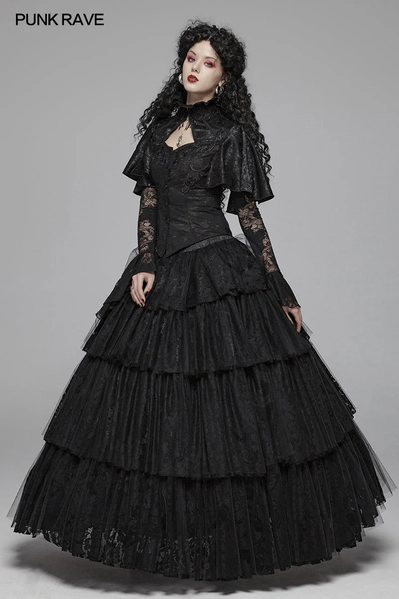 WQ-426 Dark Gothic Long Lace Tiered Skirt Ball Gown Dress - Image 6