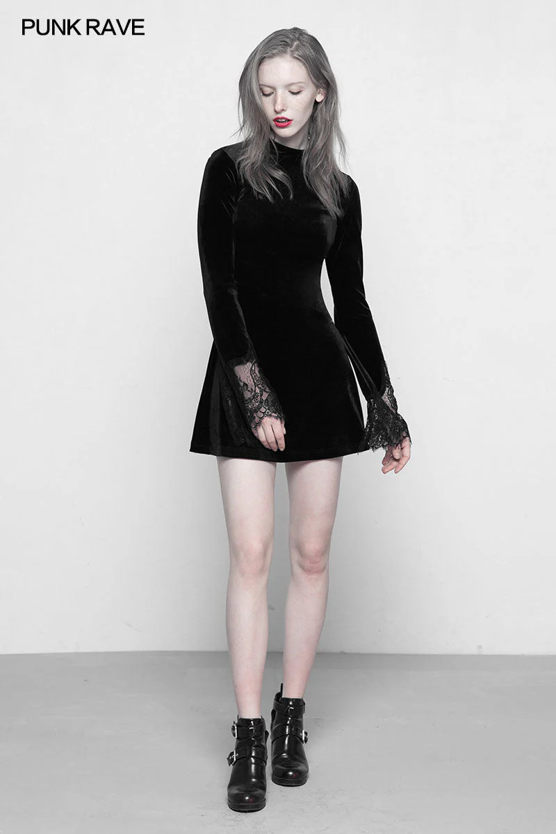 OPQ-300 Dark Lace Stitching Feminine Velvet Gothic Dress - Image 6