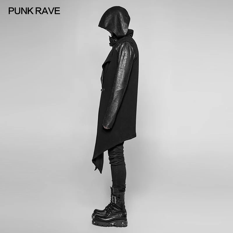 WY-941 Dark Punk Leather Crack Knit Stitching Hooded Cardigan - Image 2