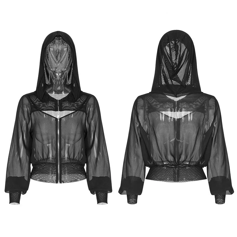 OPY-320 Dark Sexy V Collar Chiffon Mesh Stitching Short Punk Coat With Hood - Image 4