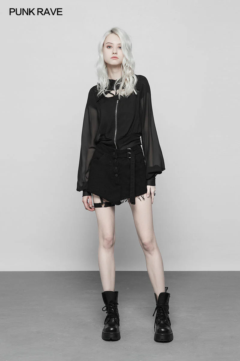 OPY-320 Dark Sexy V Collar Chiffon Mesh Stitching Short Punk Coat With Hood - Image 6
