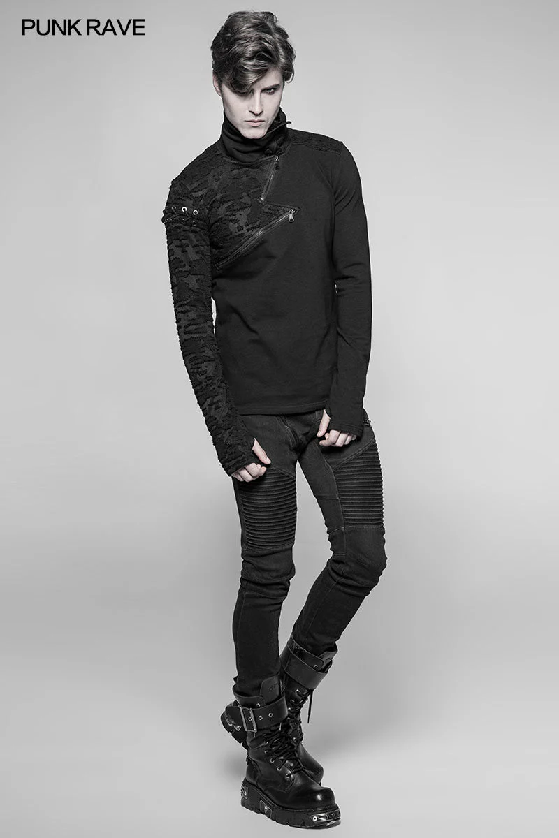 WT-535 Decadent Punk S-shaped Zipper Knitting T-shirt Personality Mosaic High Collar Sweater - Image 6