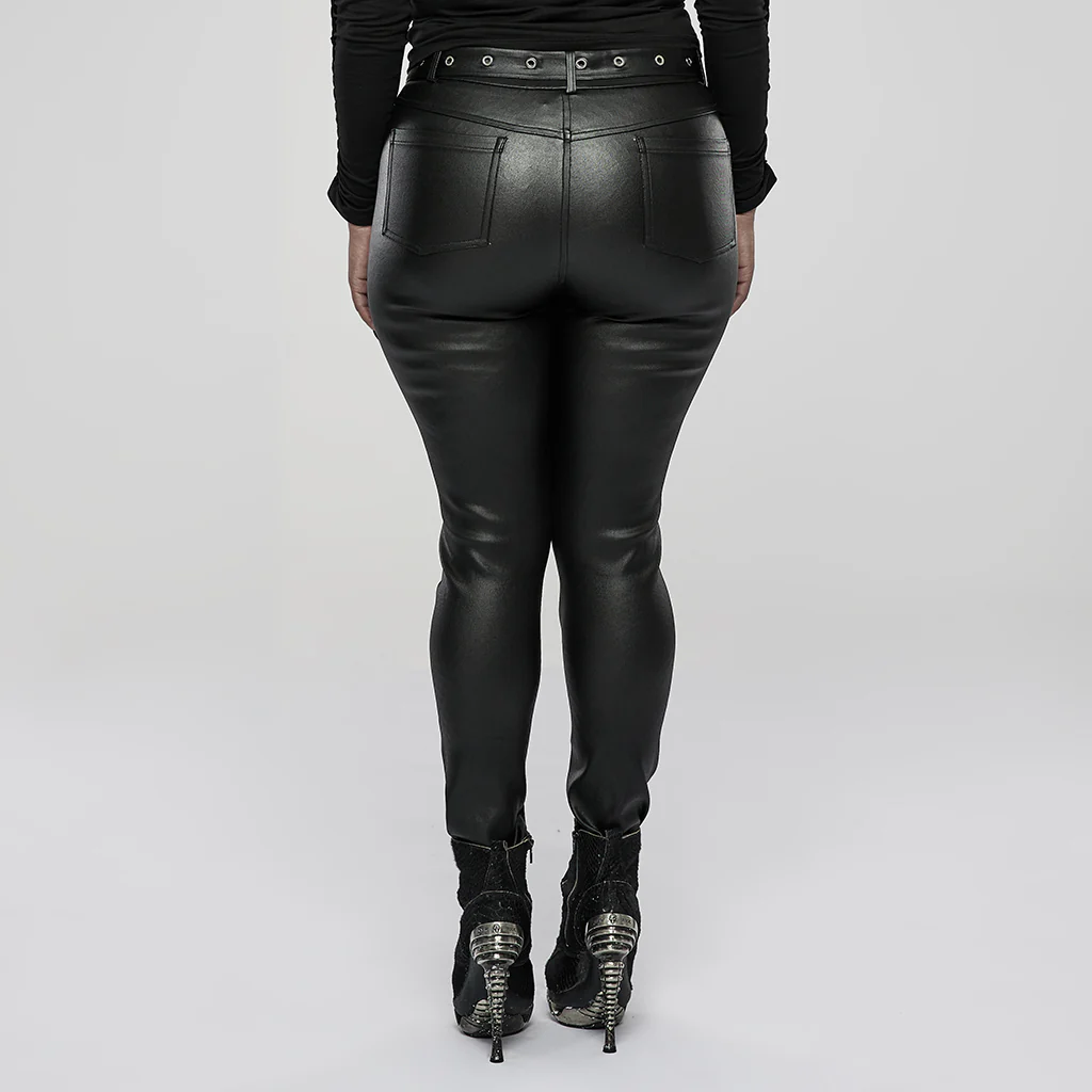 DK-506NCF Punk Pants High-Waisted Leather Look Chain Detail Leggings - Image 4