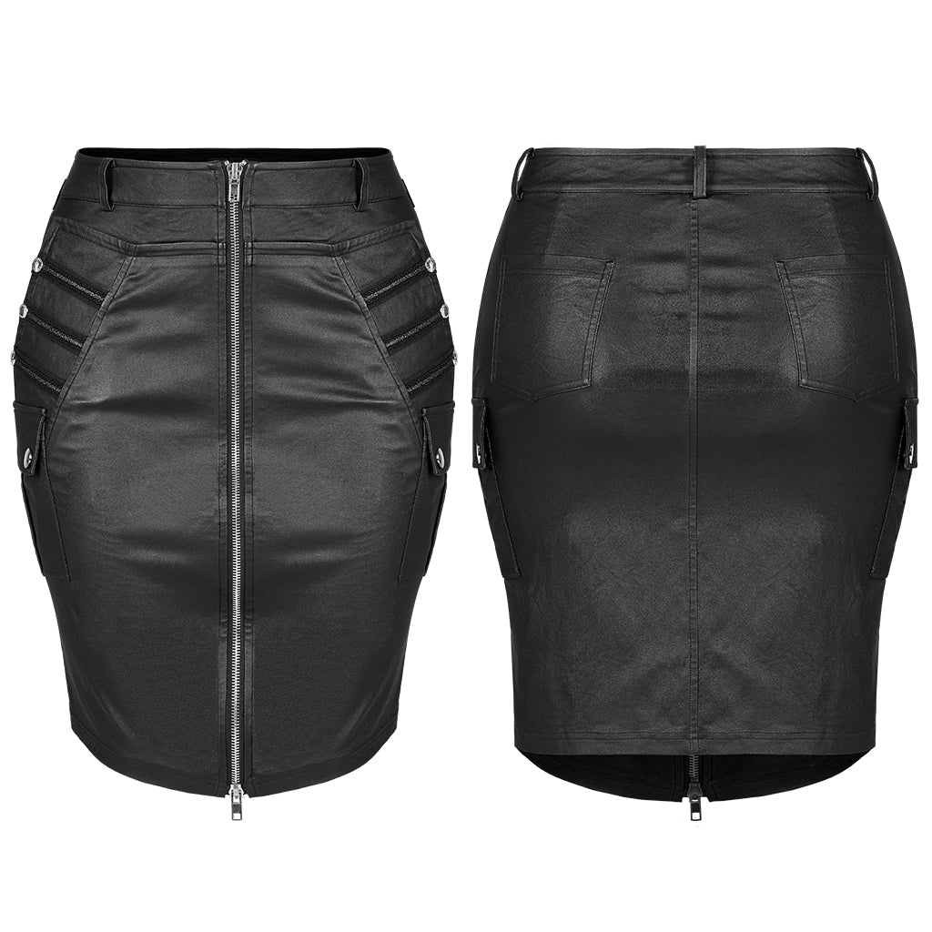 DQ-591BQF Leather Zip Front Punk Skirt with Strap Details Edgy Zipper Leather Punk Skirt with Rivet Detail - Image 6
