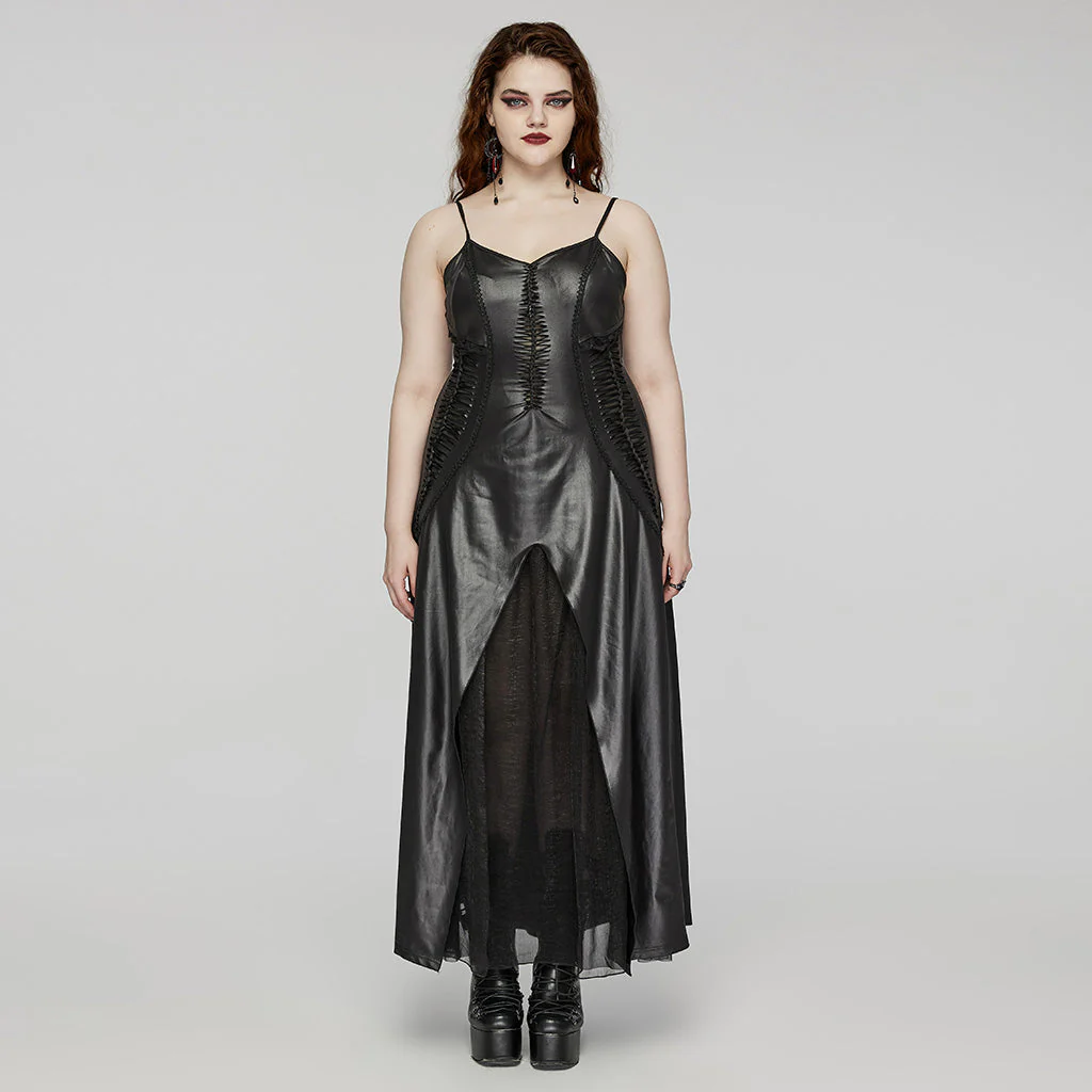 DQ-683LQF Gothic Dress Black Leather Corset Spaghetti Straps Maxi High-Slit - Image 4