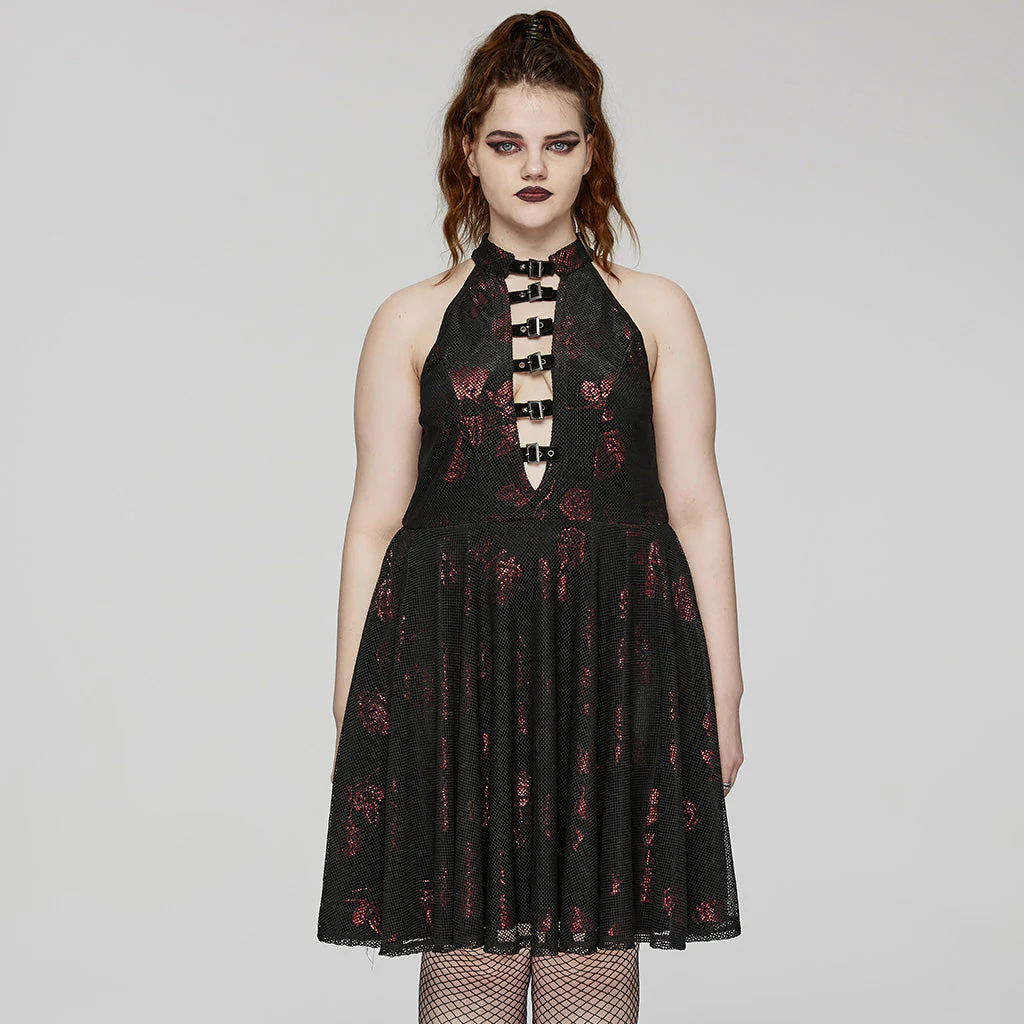 DQ-688LQF Gothic Floral Buckle Halter Black Sleeveless Midi Dress - Image 11