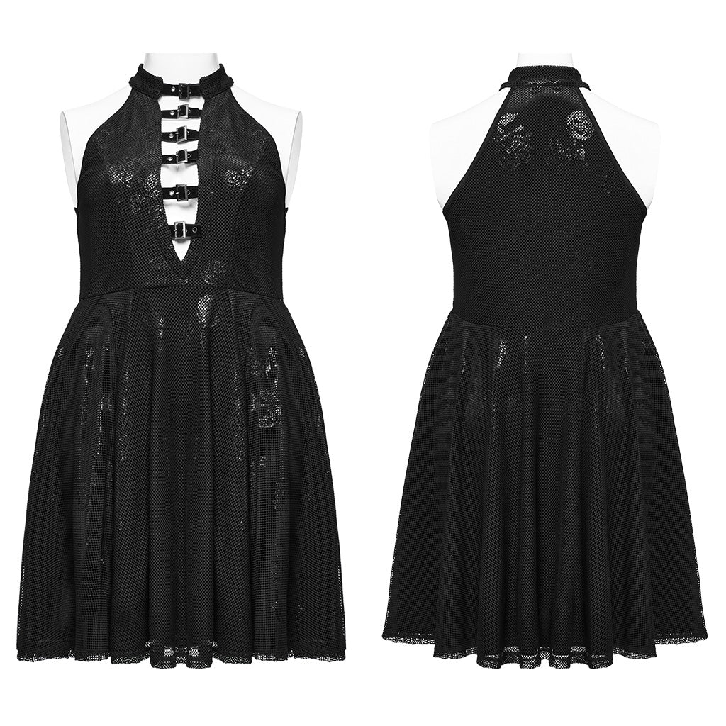 DQ-688LQF Gothic Floral Buckle Halter Black Sleeveless Midi Dress - Image 6