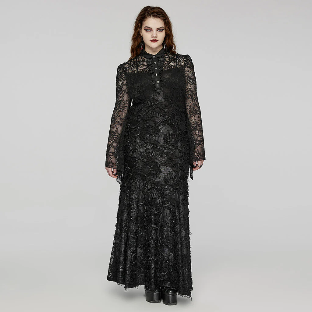 DQ-723LQF Elegant Lace Gothic Dress Long Sleeve Black Evening Gown