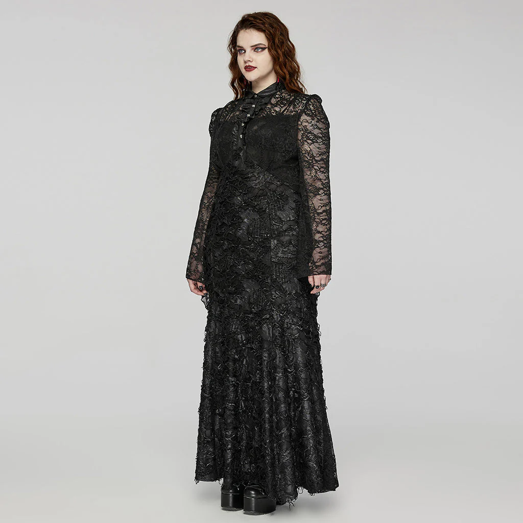 DQ-723LQF Elegant Lace Gothic Dress Long Sleeve Black Evening Gown - Image 13