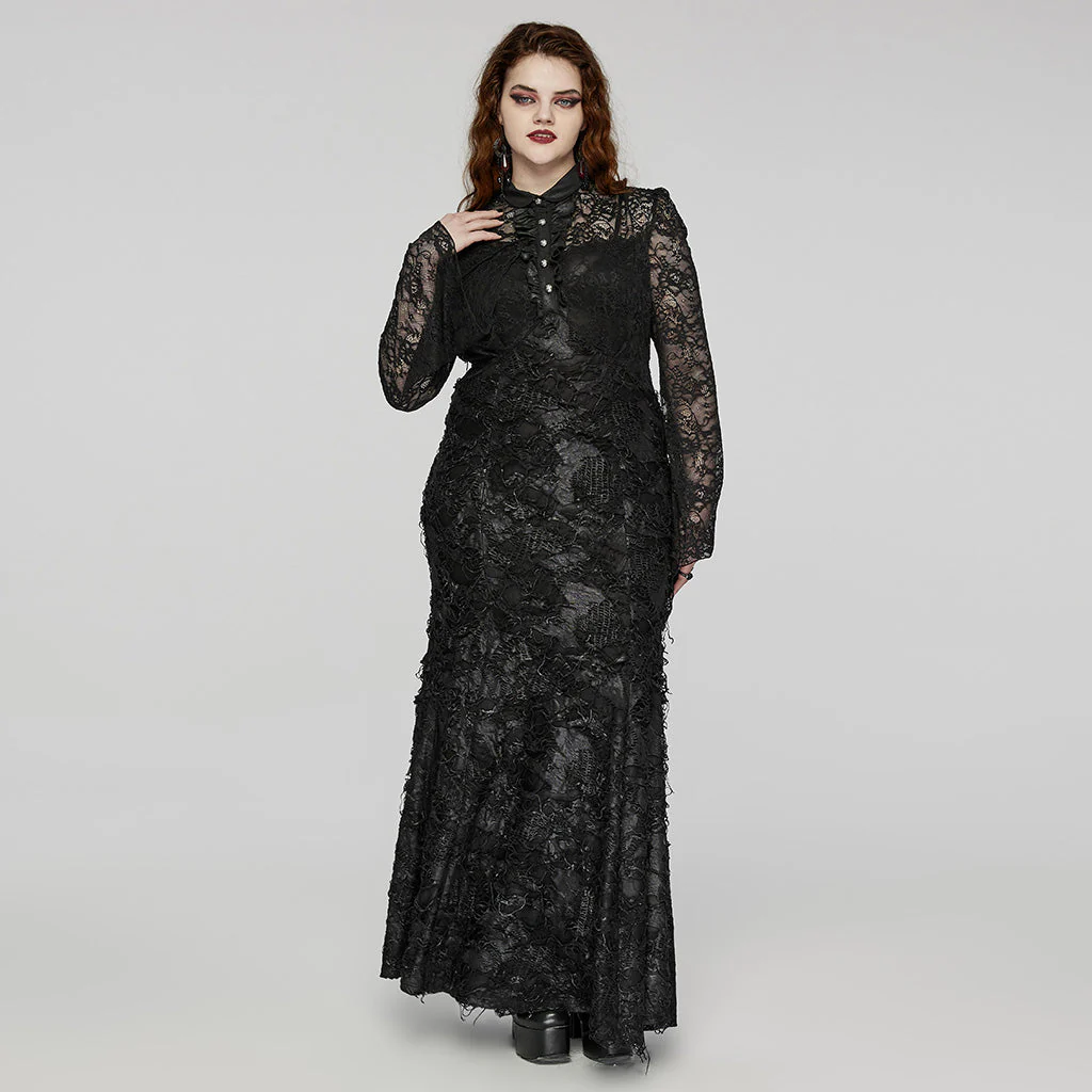 DQ-723LQF Elegant Lace Gothic Dress Long Sleeve Black Evening Gown - Image 15