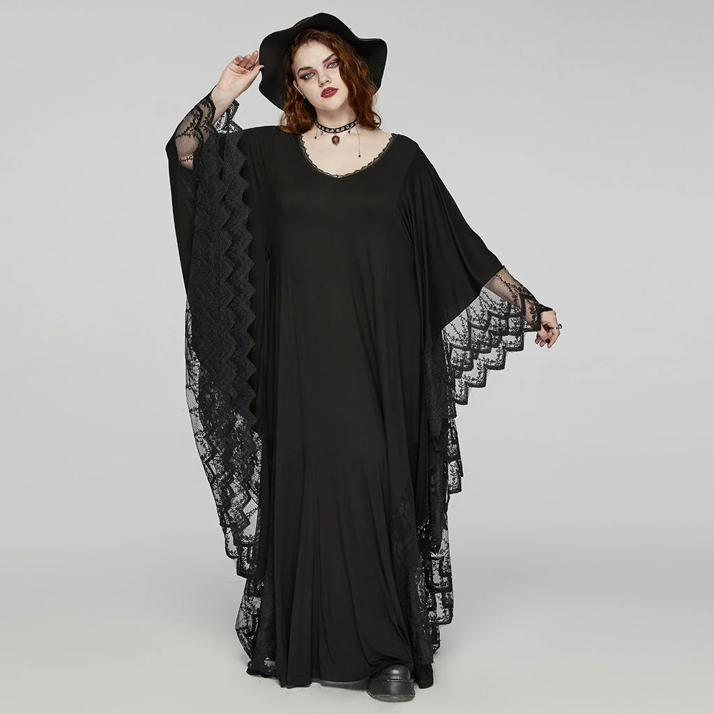 DQ-724LQF Gothic Lace V-Neck Batwing Sleeve Long Black Dress - Image 5