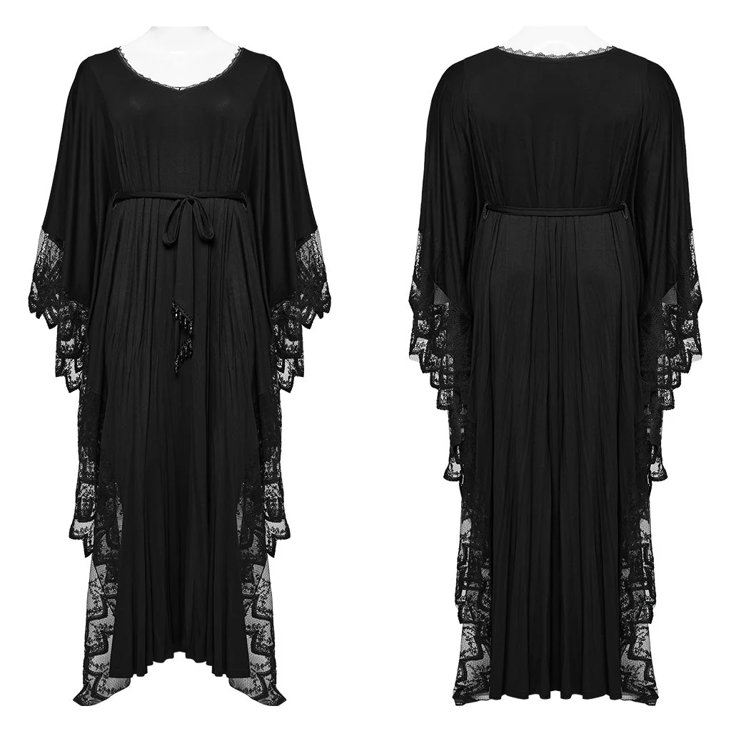 DQ-724LQF Gothic Lace V-Neck Batwing Sleeve Long Black Dress - Image 6