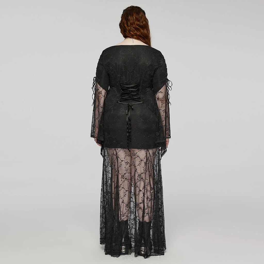 DQ-725LQF Elegant Gothic Dress Sheer Black Lace Long Sleeve - Image 4