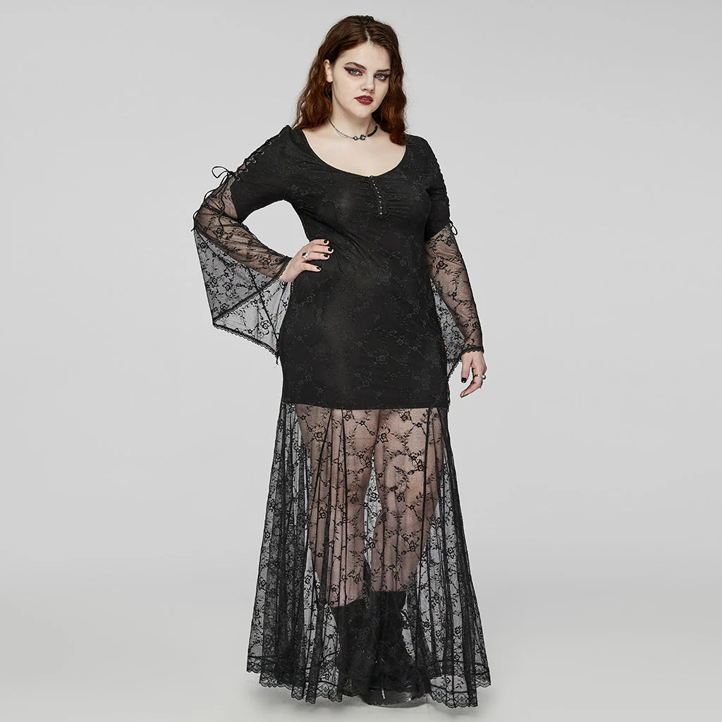 DQ-725LQF Elegant Gothic Dress Sheer Black Lace Long Sleeve - Image 5