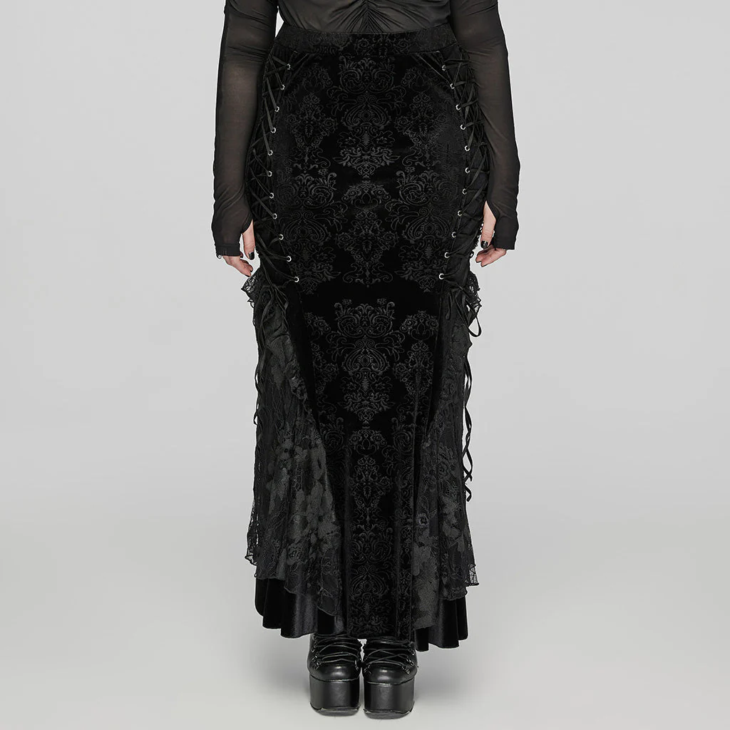 DQ-727BQF Gothic Lace Embossed Velvet Fishtail Skirt With Ruffles - Image 11