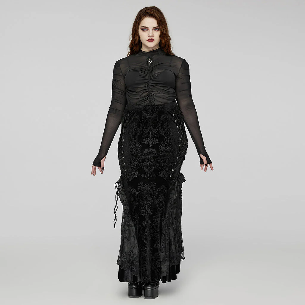DQ-727BQF Gothic Lace Embossed Velvet Fishtail Skirt With Ruffles - Image 13