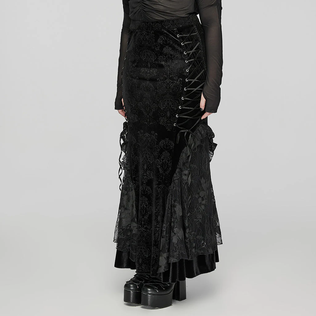 DQ-727BQF Gothic Lace Embossed Velvet Fishtail Skirt With Ruffles - Image 3