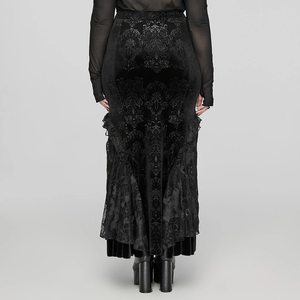 DQ-727BQF Gothic Lace Embossed Velvet Fishtail Skirt With Ruffles - Image 4
