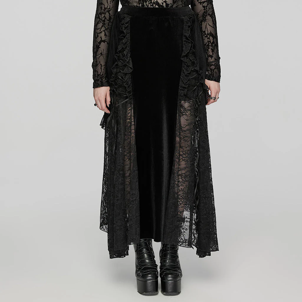 DQ-728BQF Velvet Gothic Skirt with Lace Panel and Ruffled Design