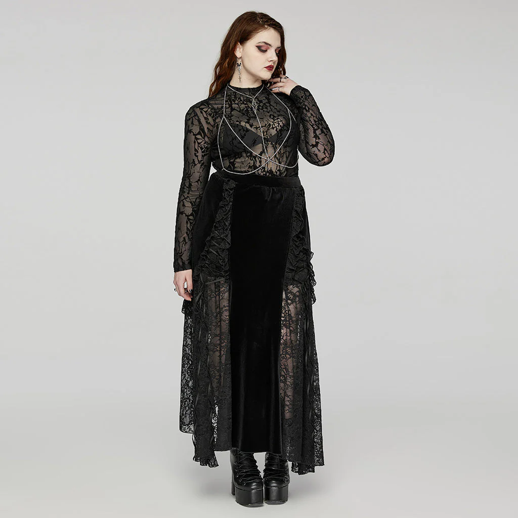 DQ-728BQF Velvet Gothic Skirt with Lace Panel and Ruffled Design - Image 15