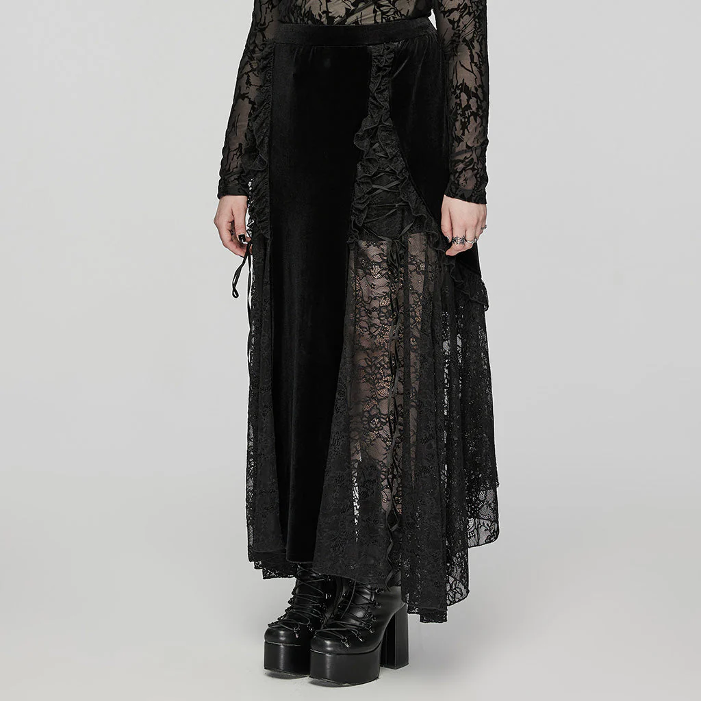 DQ-728BQF Velvet Gothic Skirt with Lace Panel and Ruffled Design - Image 3
