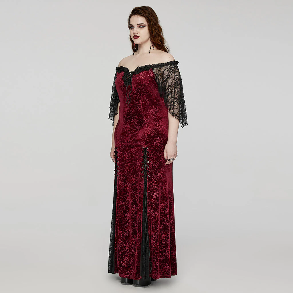 DQ-730LQF Gothic Velvet Off-Shoulder Dress with Lace Sleeves - Image 22