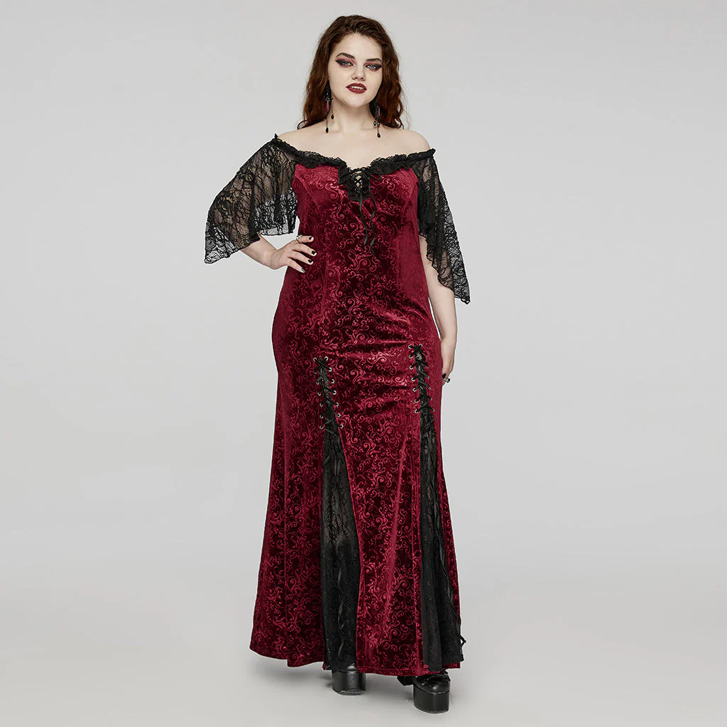 DQ-730LQF Gothic Velvet Off-Shoulder Dress with Lace Sleeves - Image 5