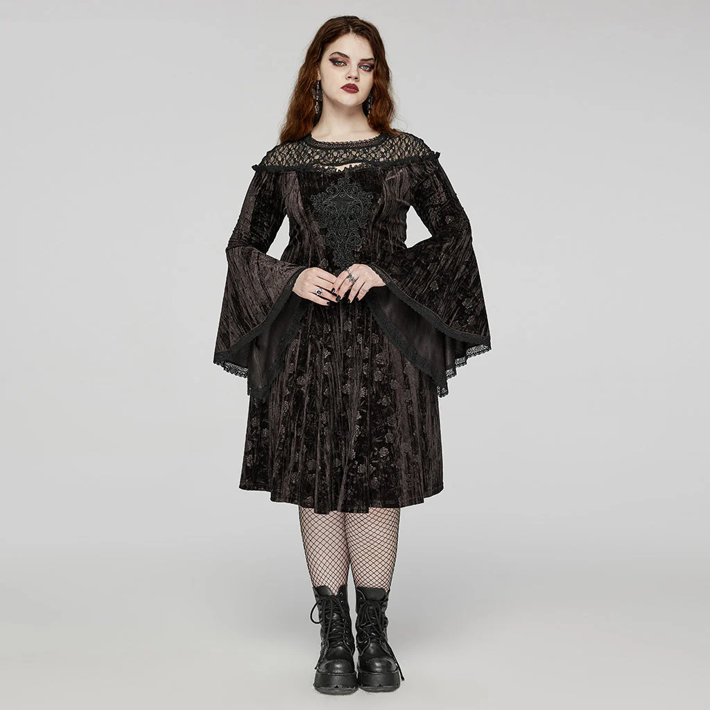 DQ-733LQF Elegant Gothic Velvet Dress with Lace Detail and Bell Sleeves - Image 13