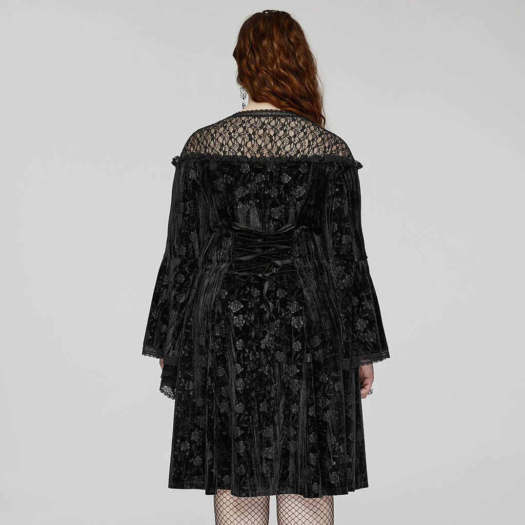 DQ-733LQF Elegant Gothic Velvet Dress with Lace Detail and Bell Sleeves - Image 22