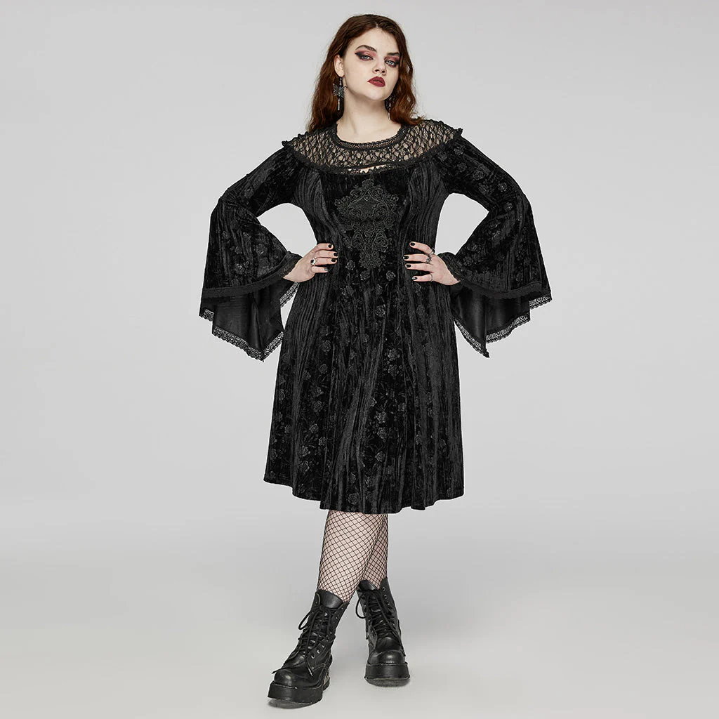 DQ-733LQF Elegant Gothic Velvet Dress with Lace Detail and Bell Sleeves - Image 5
