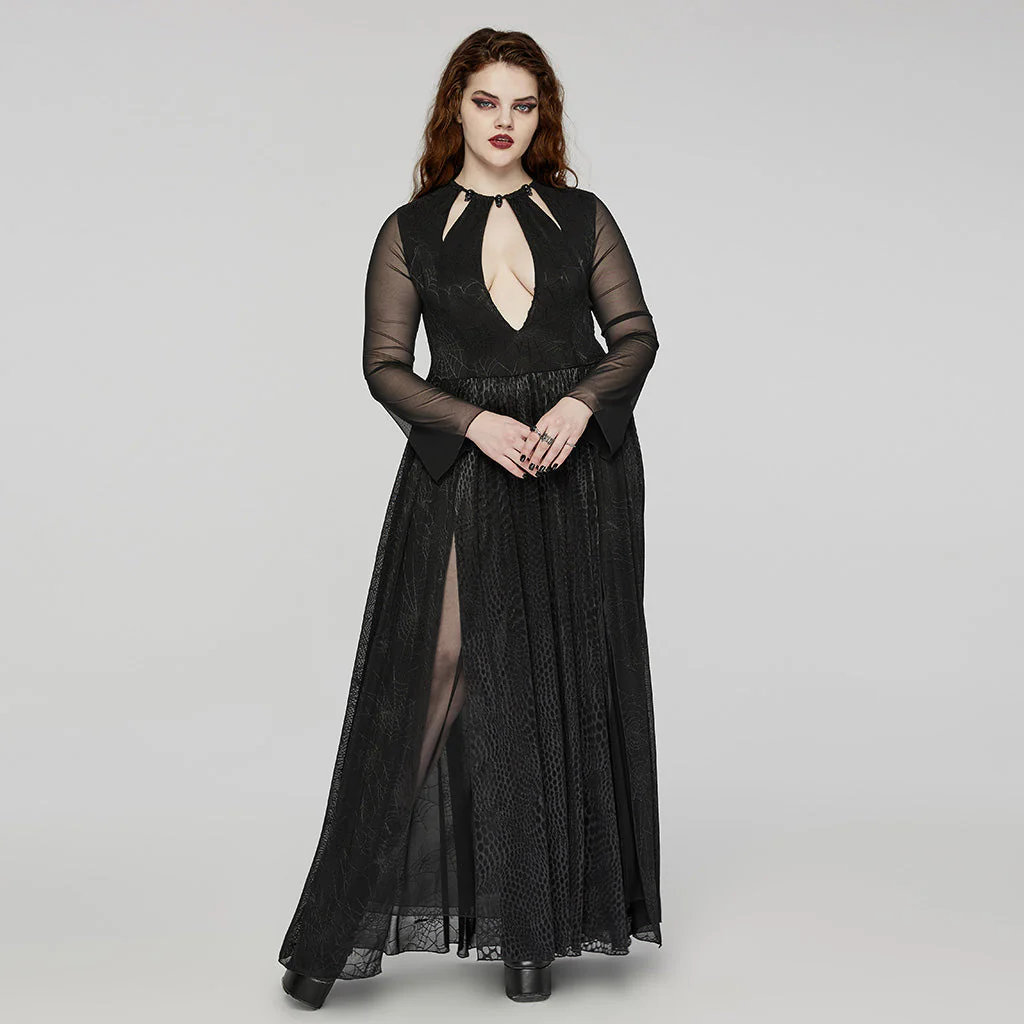 DQ-738LQF Elegant Gothic Lace Long Dress with Sheer Sleeves - Image 15